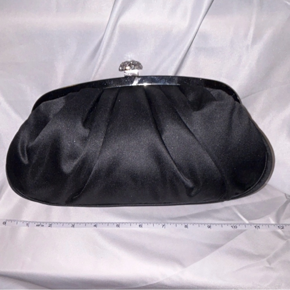 Black Satin Clutch Bag with Beaded Handle, Crystal Clasp, Elegant Evening Clutch